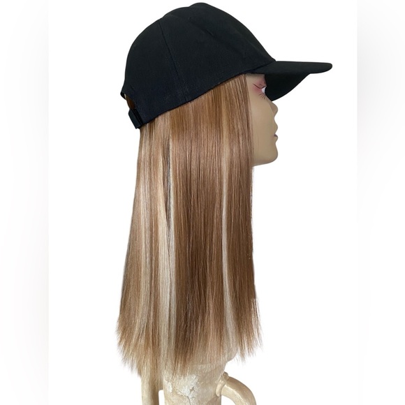 HAT WIG Black Ball Cap with 14” Mixed Blonde/Brown Wig Hair New - Picture 5 of 9